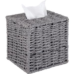 MyGift Gray Tissue Box Cover Square with Lid - Decorative Rattan Kleenex Holder, Woven Cube Tissue Holder for Bathroom Toilet Bedroom Living Room Kitchen Table Desk Office Car