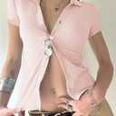 SweatyRocks Women's Summer Striped Top Button Down Slim Fit Shirts Short Sleeve Tee Shirt (Pink, L)