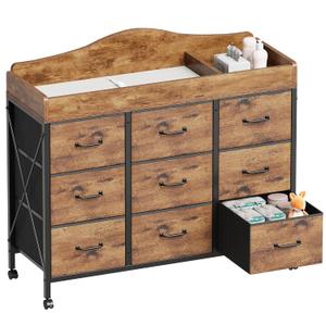 YeTom Baby Changing Table with 9 Fabric Boxes, Waterproof Diaper Changing Station & Pad, Mobile Nursery Diaper Changing Table, Baby Furniture, Rustic Brown