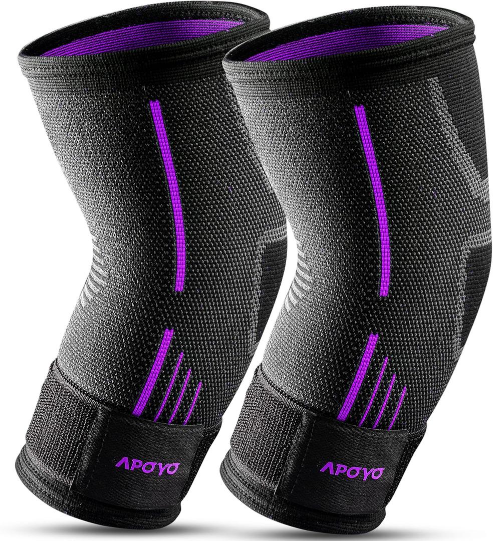 APOYO Elbow Brace for Tendonitis and Tennis Elbow, Elbow Compression Sleeve, Elbow Brace for Women and Men w/ Adjustable Strap for Tennis Elbow Relief, Weightlifting, Arthritis, Workouts, Reduce Joint Pain During Fitness Activity (Purple (Pair), Medium) (Black, M)