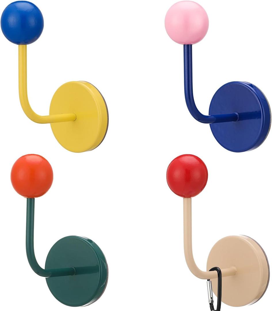 Novabright 4 Pcs Colorful Metal Hooks Adhesive Coat Hanger Decorative Hooks for Bedroom Nursery Key Hat Hanging Rack(Bright Color)