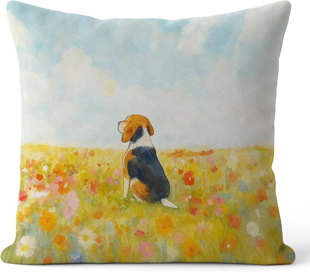 Floral Beagle Pillow Covers 18x18, Beagle Mom Lover Gifts for Women, Watercolor Wildflower Field Dog Decorative Throw Pillow Covers for Home Living Room Bedroom Sofa Couch