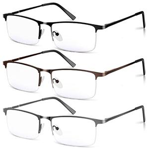 WEIMELTOY 2 Pack Blue Light Blocking Reading Glasses for Men, Stylish Half Frame Metal Computer Readers, Lightweight Spring Hinge Eyeglasses Anti Eyestrain/Glare/UV (Mix Color, Black+Grey+Brown, 1.5)
