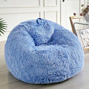 LIFEREVO Fluffy Faux Fur Bean Bag Chair Cover Blue (No Filler), Ultra-Soft Stuffed Animal Storage Bean Bag Kids Adults, Premium Anti-Slip Furry Beanbag Cover for Plush Toys Memory Foam (Ombre Blue)