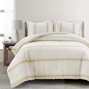 Lush Decor Farmhouse Stripe Reversible Cotton Comforter Set, 3 Piece Set, King, Yellow & Gray - Cozy Farmhouse Bedding Set - Rustic Decor - Striped Comforter - Modern Farmhouse Bedroom Decor