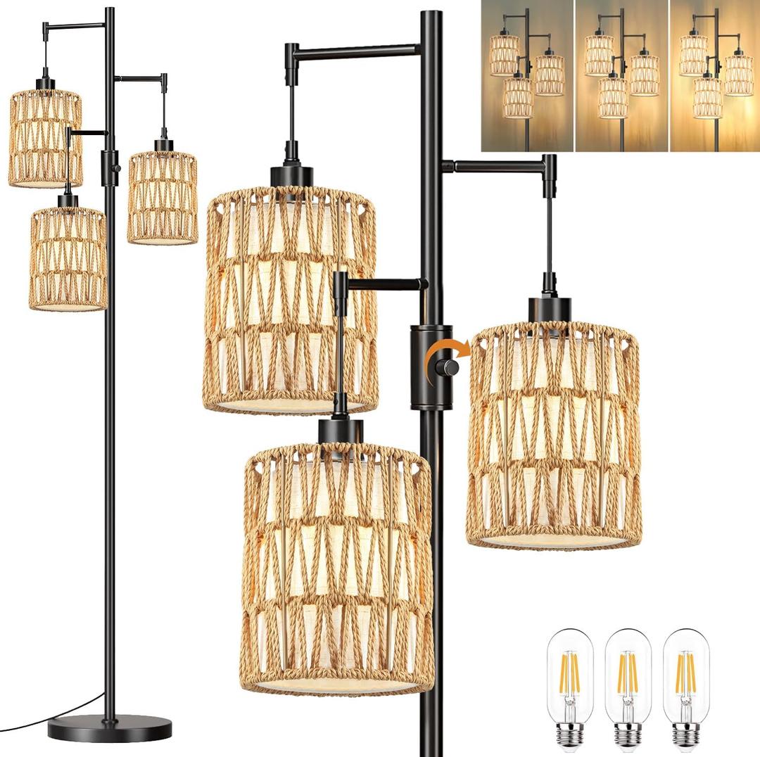 ZECOXOL Boho Floor Lamp for Living Room Bedroom-3 Light Dimmable Floor Lamp with Three Led Bulb, Rustic Tall Lamp Black Standing Lamp Tree Floor Lamps for Living Room Bedroom,Office,Corner (6.25inch, Black-Dimmbale-Straight)