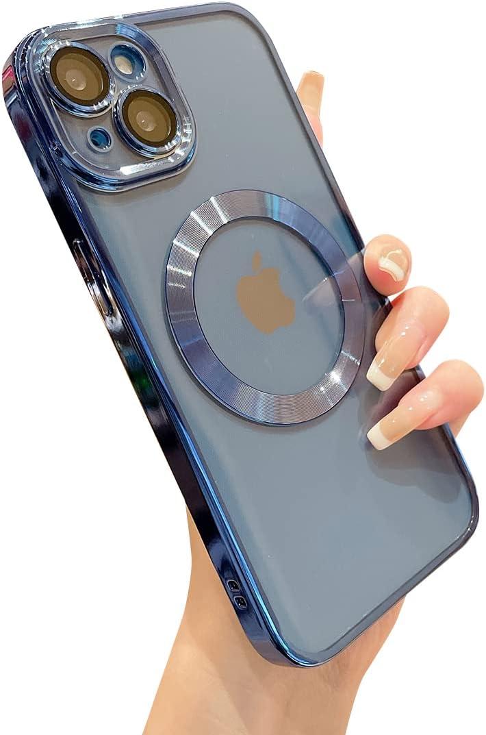 Threehundred for iPhone 13 Case Magnetic Clear with Camera Lens Protector Full Protection MagSafe Electroplated Silicone Dust-Proof Net Shockproof Protective Case Cover 6.1 Inch - Blue