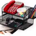 VANRA Desk Organizer Set Metal Mesh Desktop Telephone Stand with Pencil Cup Holder, 2 Piece Black (Black)