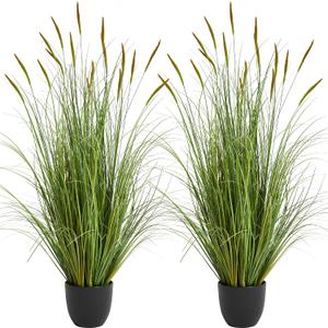 KOL 3ft 2-Pack Artificial Cattail Reed Grass, 35in Artificial Indoor Outdoor Fake Onion Grass Plant, Home Office Decorative Artificial Plants in Pot Faux Plant Greenery, Housewarming Gift, Green