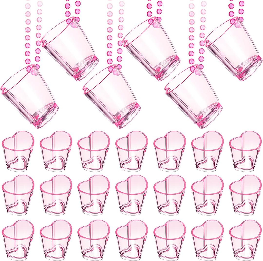 Sieral 24 Set Valentines Day Shot Glass on Beaded Necklace Bachelorette Pink Heart Shaped Shot Glasses Cute Plastic Cups Necklace Beaded Set for Birthday Wedding Party Favors Supplies Decorations