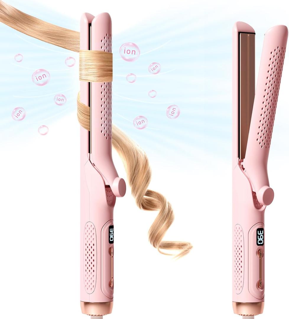 Hair Straightener and Curler 2-in-1, 360 Airflow Styler Curling Iron, 1.25 Inch Curling Wand, 20 Million Negative Ion Hair Care, 5 Temps & Auto Off, Dual Voltage (Pink)