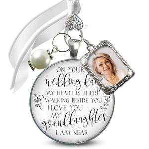 Bouquet Picture Photo Charm In Memory of Grandparent On Your Wedding Day My Granddaughter 1 Frame Antique Silver Pendant White Glass White Bead Bride's Grandma or Grandpa Remembrance DIY Template