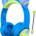 Riwbox CF9 Kids Bluetooth Headphones Cat Ear with LED Light Up,Safe 85dB Volume Limit,Built-in Mic&Boom Mic for Calls,Kids Wireless&Wired Headphones for Tablet/Airplane/School/Online Learning
