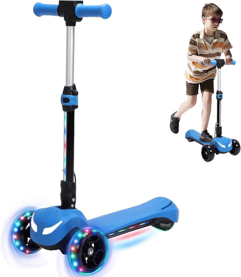 3 Wheel Electric Scooter for Kids, Electric Kick Scooters with Powerful Motor, 21V Battery, Thumb Throttle, 5mph Safe Speed, LCD Screen, Light Up Stem Deck & Wheels, Blue