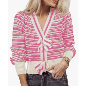 Saodimallsu Womens Striped Cropped Sweaters V Neck Cute Bow Tie Puff Sleeve Loose Knit Trendy Pullover Sweater, Size L