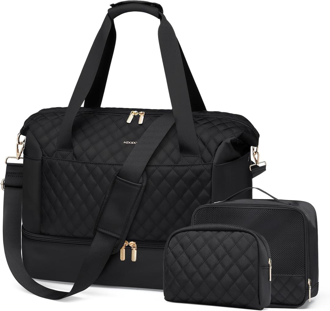 MDODO Travel Duffel Bag for Women Weekender Overnight Carry on Tote Duffle Bag Personal Item Bag with Shoe Compartment Wet Pocket for Business Trips Travel Sports Gym Yoga Hospital,3 Pcs Set,43L,Black