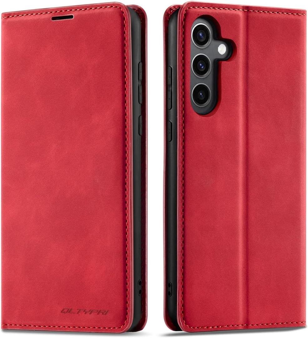 QLTYPRI Case for Samsung Galaxy A16 4G/5G, Premium PU Leather Cover TPU Bumper with Card Holder Kickstand Hidden Magnetic Adsorption Shockproof Flip Wallet Case for Samsung Galaxy A16 4G/5G - Red