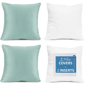 Throw Pillow Inserts Pack of 2 with Velvet Soft Solid Decorative Square Throw Pillow Covers Set for Sofa Couch Car Bedroom, 22X22 Throw Pillows Inserts with 20x20 Washable Cushion Covers, Light Blue