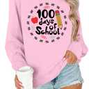 100 Days of School Shirt Women Teacher Sweatshirt Cute 100th Day of School Celebration Gifts Pullover Tops Pink (Pink)