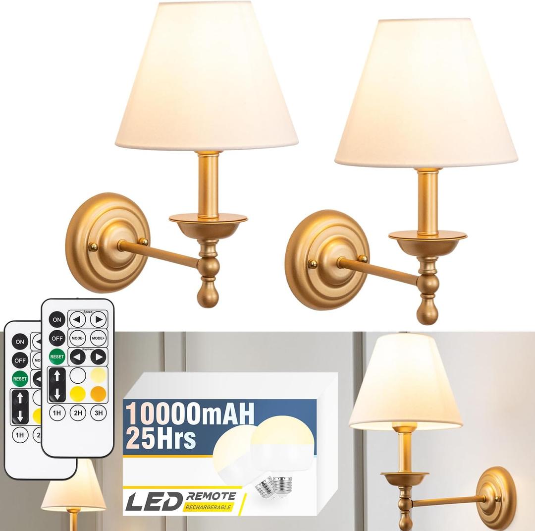 TREELAND Antique Brass Wall Sconce 10000 mAh Battery Operated Wall Light Set of Two, 25-60 Hours Battery Life Remote Control Dimmable Rechargeable LED Bulb, 16 Color Temps LED for Bedroom Living Room