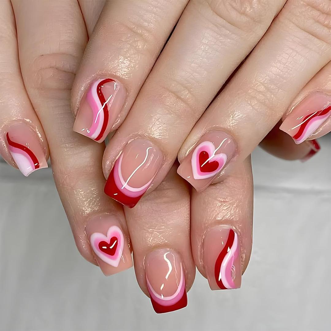 24Pcs Romantic Heart Press on Nails Short Square Nails French Tip Fake Nails with Designs Reusable Valentine's False Nails French Lines Acrylic Nails Full Cover Hearts Stick on Nails for Women