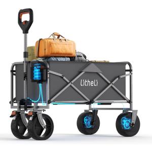 Litheli Electric Collapsible Wagon Cart with Brakes, 100L Grocery Cart with Wheels,Easy to Carry Folding Wagon for Camping, Gardening, Shopping (Grey&1 Battery)
