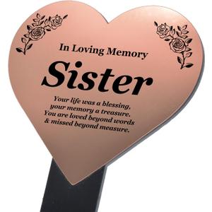 Sister Memorial Plaque Stake Grave Decoration for Cemetery Metallic Copper Heart Memorial for Sister Robust and Waterproof Temporary Grave Marker for Sister Graveyard Memorial for Sister, 5.6" wide x 10" high