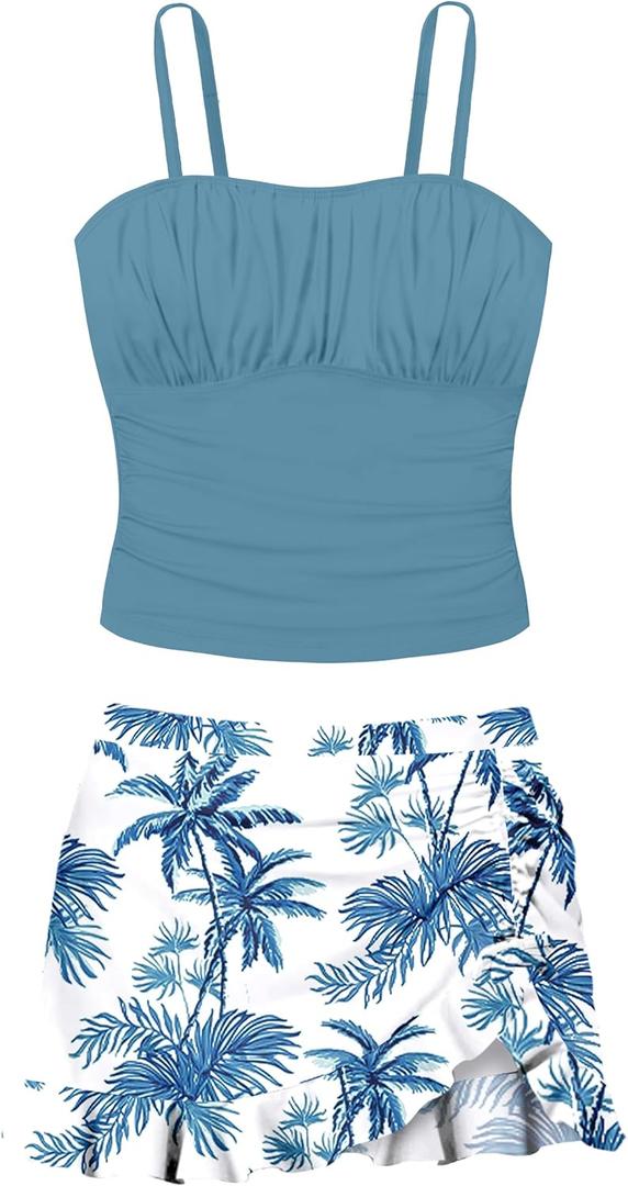 ADIRUN Girls Tankini Bathing Suits Two Piece Tropical Print Pleated Tween Girls Swimsuits Adjustable Straps with Ruffle Drawstring Skirt Swimwear Dark Blue 13-14 Years