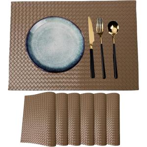 Placemats Set of 6 Woven Faux Leather Place Mats for Kitchen Dining Table Washable Wipeable Heat Resistant Placemats Waterproof Pads for Indoor & Outdoor (Flaxen)