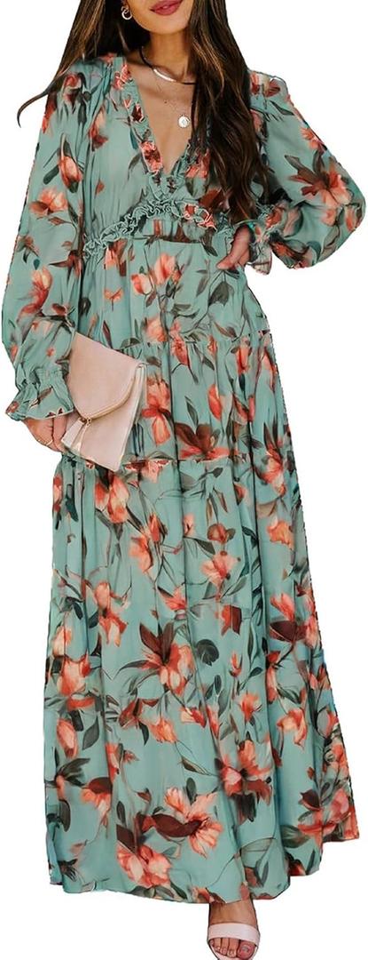 BLENCOT Womens Casual Boho Floral Printed V Neck Long Sleeve Long Maxi Dress Spring Summer Dresses (XL)
