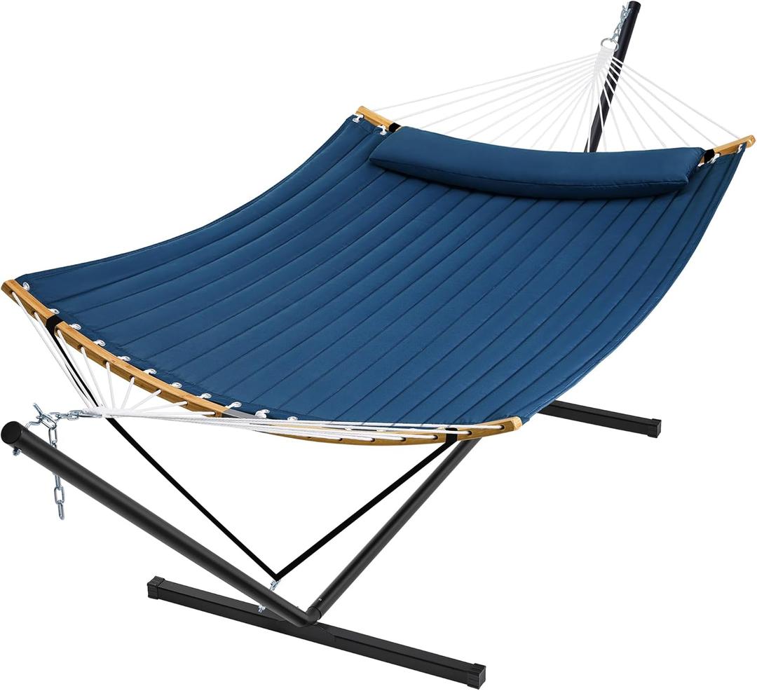 SUPERJARE Curved-Bar Hammock with Stand, 2 Person Heavy Duty Hammock Frame, Detachable Pillow & Portable Carrying Bag, Perfect for Outdoor & Indoor, Navy Blue
