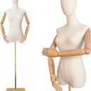 Female Linen Fabric Mannequin Torso Dress Form with Detachable Head, Two Wooden Hands and Height-Adjustable Metal Display Stand