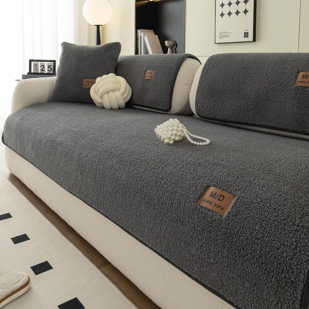 Sherpa Fleece Sofa Cover, Super Soft Funny Fuzzy Sofa Couch Covers, Warm Plush, Non-Slip Sectional Sofa Slipcover Furniture Protector for Kids, Pets(1pc, Dark Grey, 36"71")