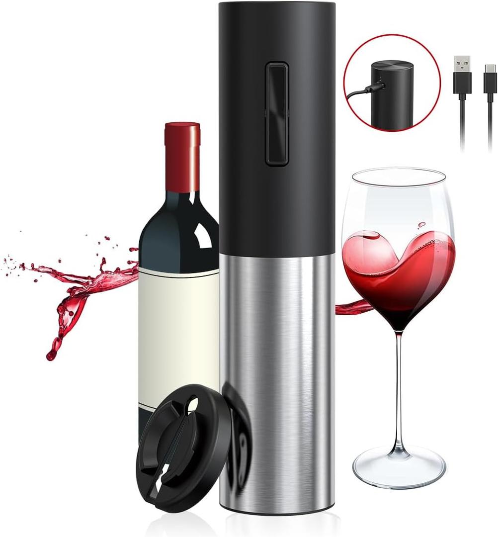 Electric Wine Opener Rechargeable, Automatic Wine Bottle Openers with Foil Cutter and USB Cable, Gift Wine Corkscrew for Home Kitchen Party Bar - Stainless Steel, One-Click Button
