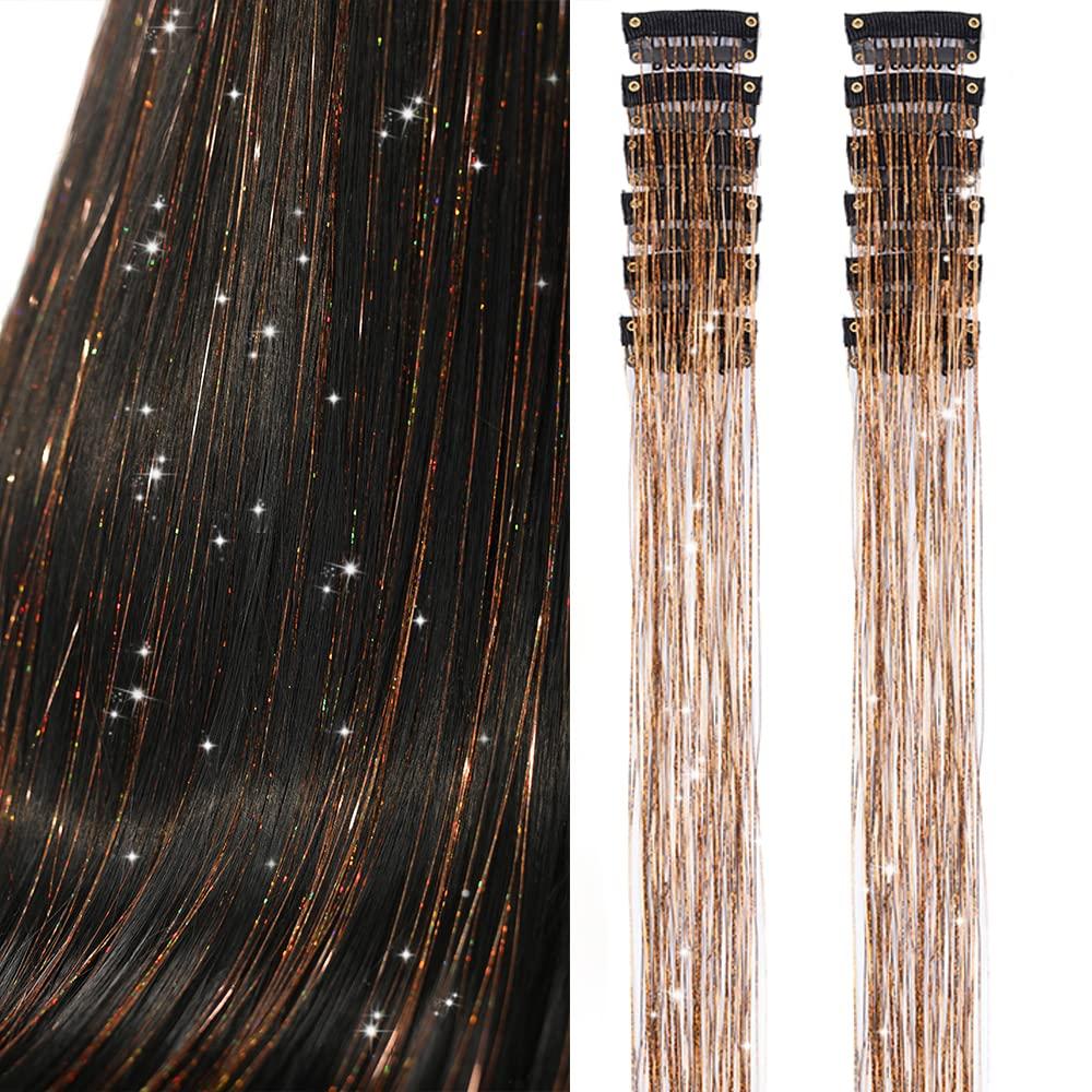Clip in Hair Tinsel, Pack of 12Pcs,20 Inch Glitter Tinsel Hair Extensions, Festival Tinsel Fairy Hair Extension Party Dazzle Hair Accessories Strands Kit for Women Girls (12Pcs,Champagne#)