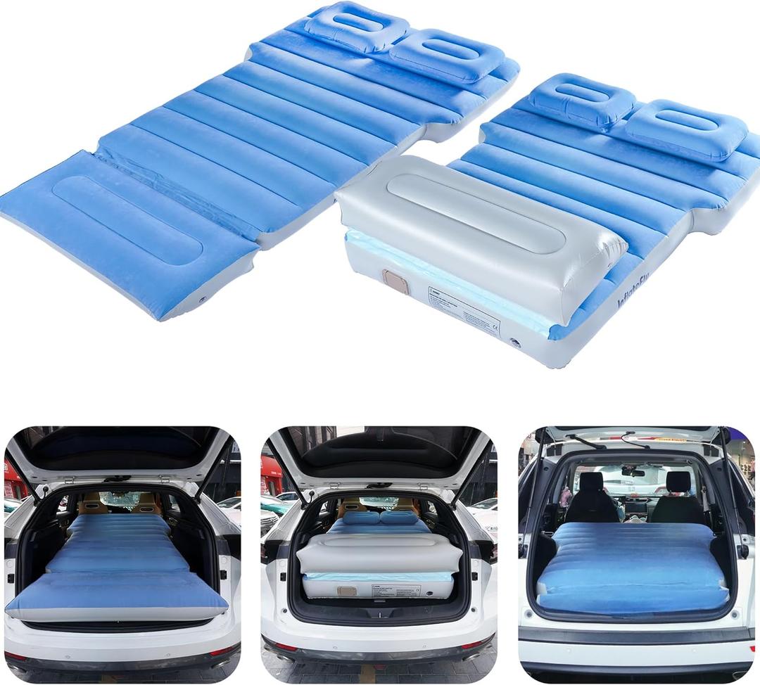 Inflatable Car Air Mattress with Built-in Pump, Adjustable Car Camping Bed Sleeping Pad for Back Seat, Portable Travel with Two Air Pillows