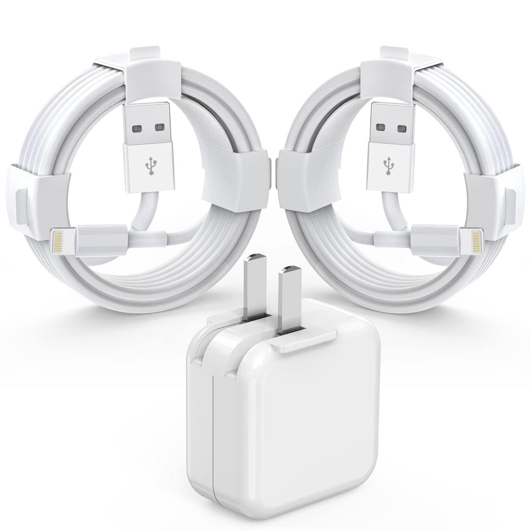 [MFi Certified] iPad iPhone Charger Fast Charging Block with 2-Pack 6.6FT USB to Lightning Cable iPad Charging Cord 12W Foldable Portable Wall Plug Charger for i Pad 9th, 8th,i Pad Pro/Air/Mini,iPhone