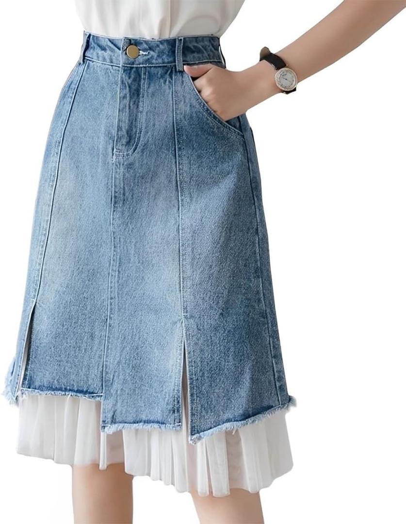 kakarin choyx Women's High Waist Vintage Denim Skirt A-Line Lace Double Layer Splicing Y2K Casual Fashion Jean Midi Skirt, Size: L, Blue