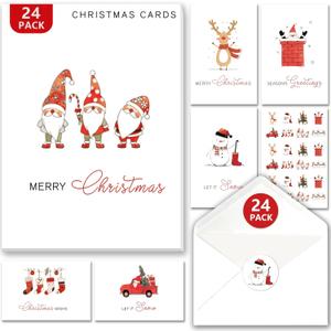 Christmas Cards with Envelopes & Stickers 24 Pack, 8 Assorted Minimalist Designs with Christmas Messages, 4x6 Inch Holiday Greeting Cards with Envelopes & Stickers  Elegant Xmas Card Set for Friends, Colleagues & Clients (Red)