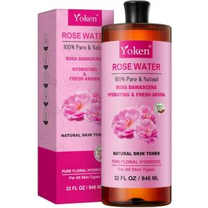 Yoken Pure Rose Water Toner for Face, 32 Fl Oz Bulk, 100% Natural Rosa Damascena Rose Hydrosol, Refreshing Rosewater for Hair, Skin, Aromatherapy, Hydrates & Soothes, Free, Chemical Free
