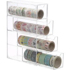Acrylic Washi Tape Organizer, Clear Washi Tape Storage Holder with 4 Sliding Drawers, Desk Accessories Display Caddy Craft Box, Washi Tape Dispenser for Scrapbooking Art Craft Supplies, 1 Pack