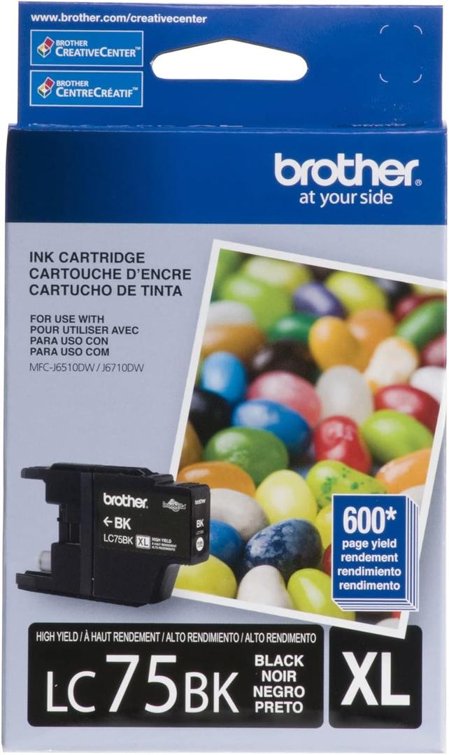 Brother Genuine High Yield Black Ink Cartridge, LC75BK, Replacement Black Ink, Page Yield Up to 600 Pages, LC75
