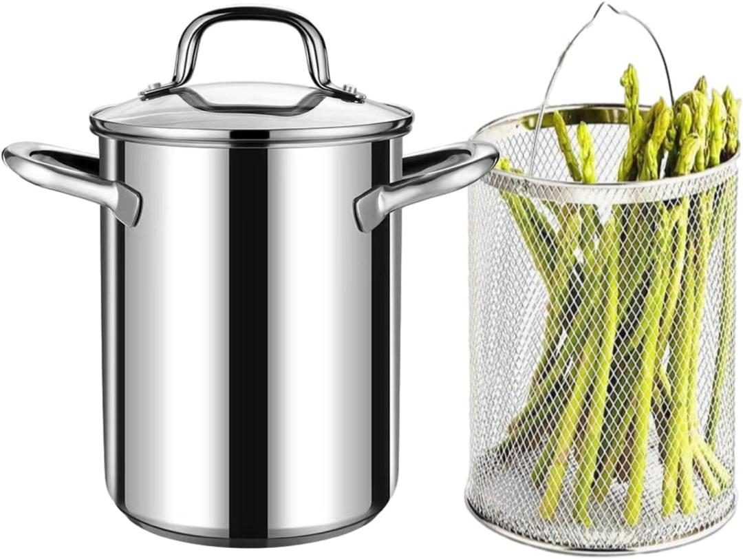 Asparagus Pot, Asparagus Steamer Stainless Steel Steamer Cooker 4L Pasta Pot with Strainer Pasta Cooker for Spaghetti, Oil Deep Fry Pan for French Fries