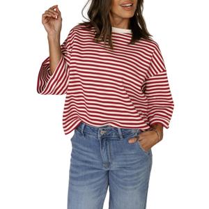 Women's Boho Blouse Red Stripe Bowknot Cutout Back Drop Shoulder Wide Bracelet Sleeve Loose Tee, Extra Large 
