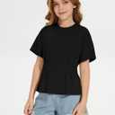 ZDC Girls Pleated Short Sleeve T Shirts Summer Crewneck Tops Casual Cute Basic Tees 5-14 Years Black