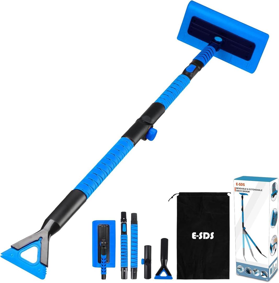 E-SDS 60 Snow Broom Ice Scraper Bendable Snow Remover for Cars with 12.2 Foam Head, Extendable Snow Brush for Car, Truck and SUV, Blue