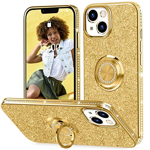Thomo Compatible with iPhone 13 Case Glitter 6.1 inch,[Bling Kickstand] [Back with Camera Protection] Crystal Rhinestone Phone Case Ring Holder Full-Body Protection Cute iPhone 13 Case for Women -Gold