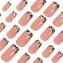 5Pack French Tip Press on Nails Square Medium Fake Nails Nude False Nails with Glitter Leopard Print Designs Full Cover Acrylic Nail Autumn Glossy Glue on Nail for Women Girls, 24Pcs