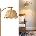 Oneach Rattan Floor Lamp for Bedroom, Boho Floor Lamp with Foot Switch, Farmhouse Standing Lamps for Living Room with Hand-Woven Shade, Walnut Metal Base & Pole