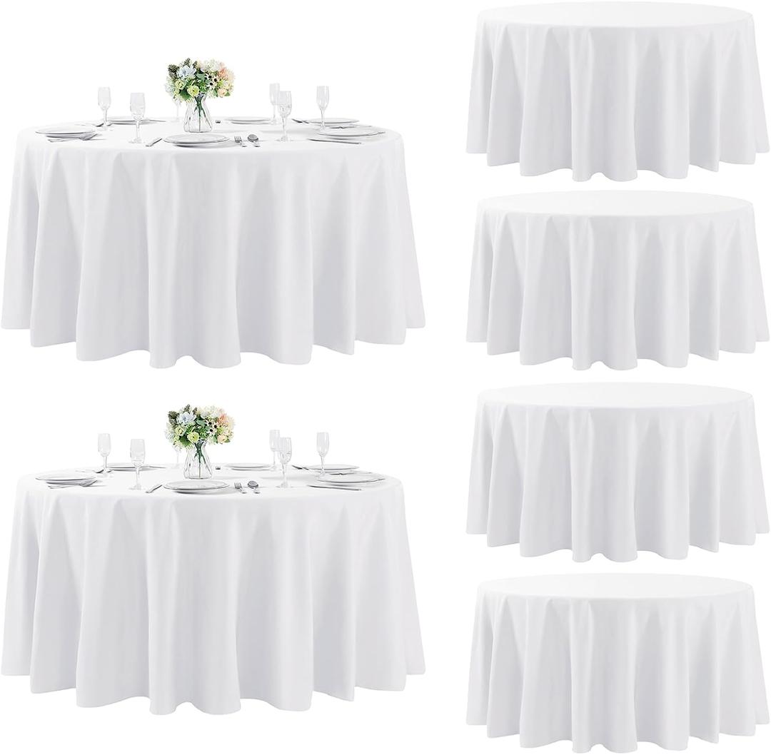 Fokitut 6 Pack Round Tablecloth, 120 Inch, Stain Resistant and Wrinkle Polyester Table Cloth, Fabric Table Cover for Kitchen Dining, Wedding, Party, Holiday Dinner-White